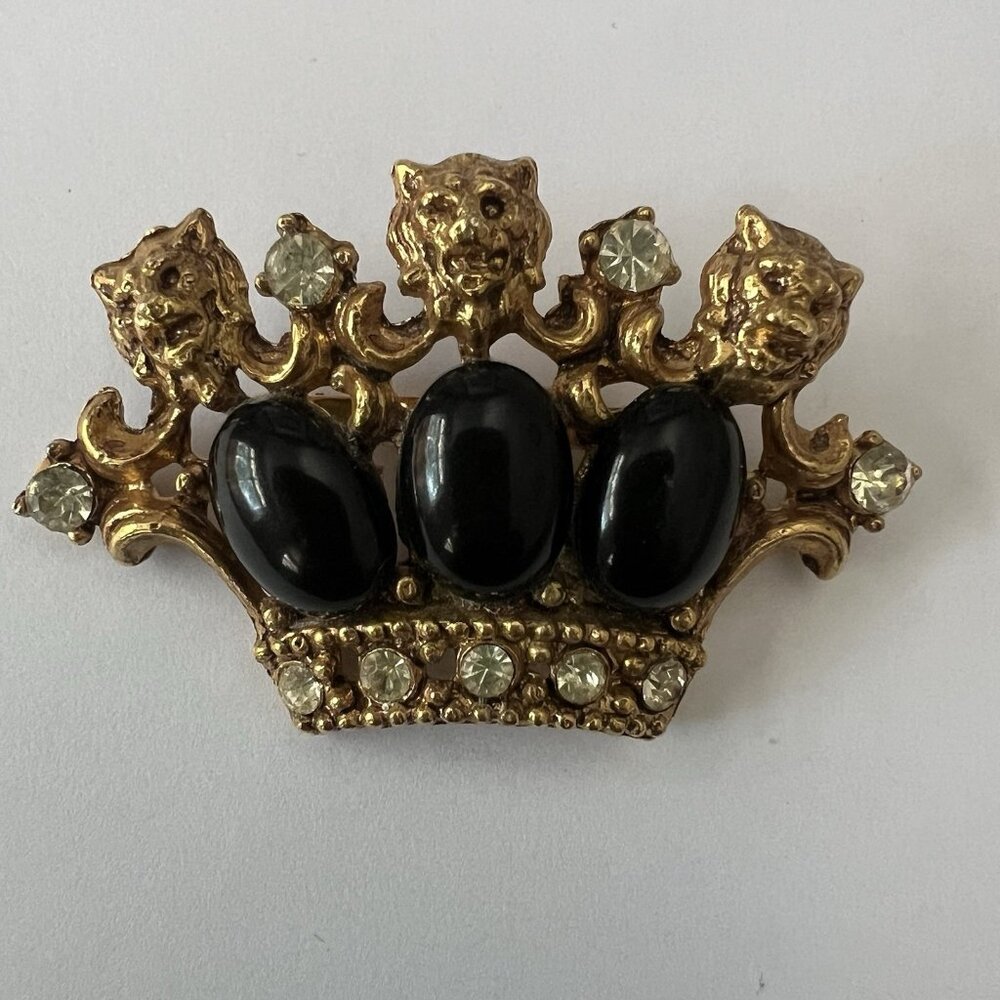 Vintage Gold Tone Crown Brooch Black Cabochon Rhinestone Lion Heads Pin